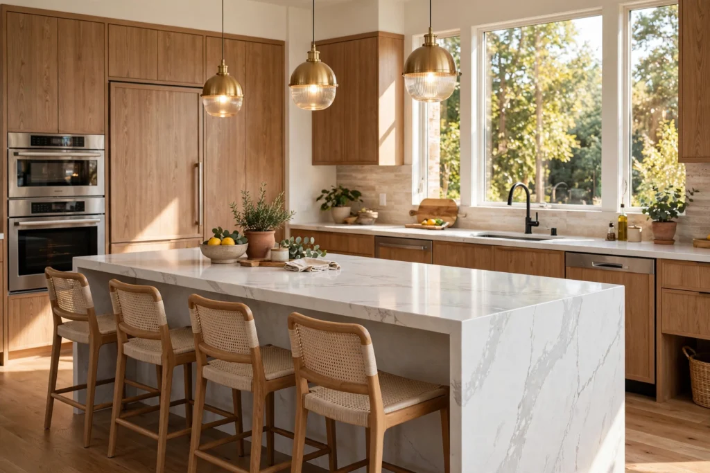 Modern kitchen island with waterfall quartz countertop, pendant lighting, and bar seating